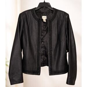 Chico's Size M-8 (Chico's Size 1) Black Leather Open Jacket Embellished/Beading